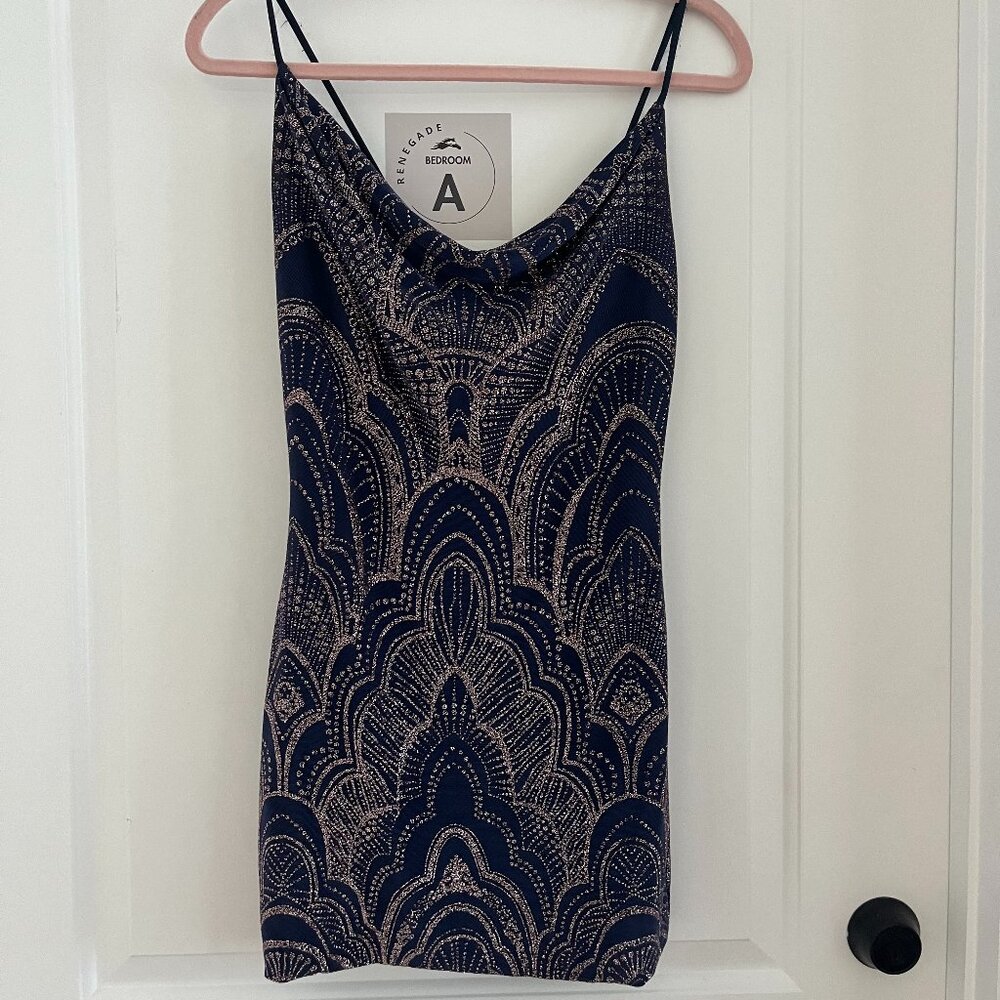 Navy and gold scoop neck sparkly patterned mini dress